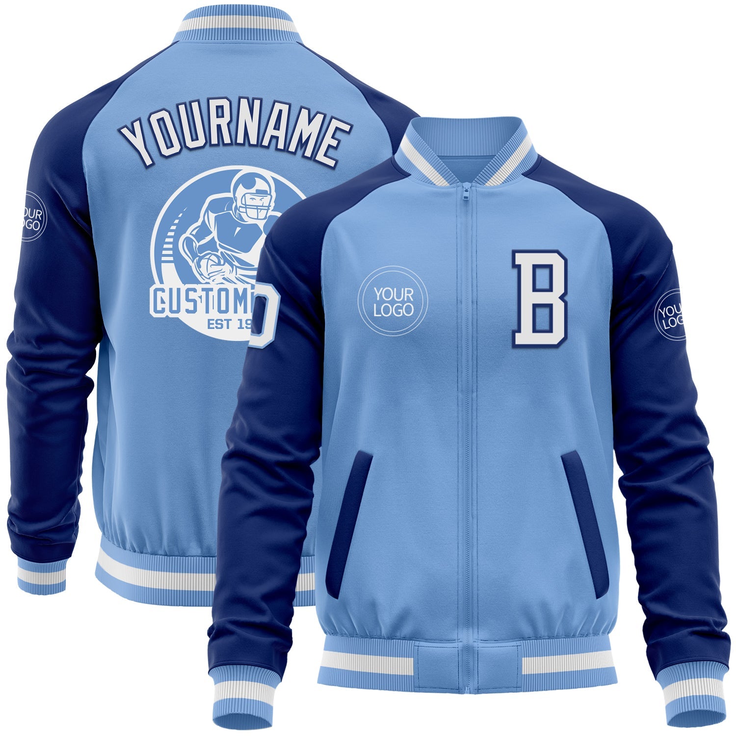 Custom Light Blue White-Royal Bomber Varsity Letterman Two Tone Zipper Jacket - Main View