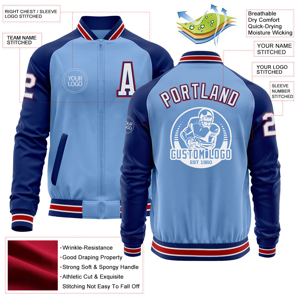 Custom Light Blue Red-Royal Bomber Varsity Letterman Two Tone Zipper Jacket view 4