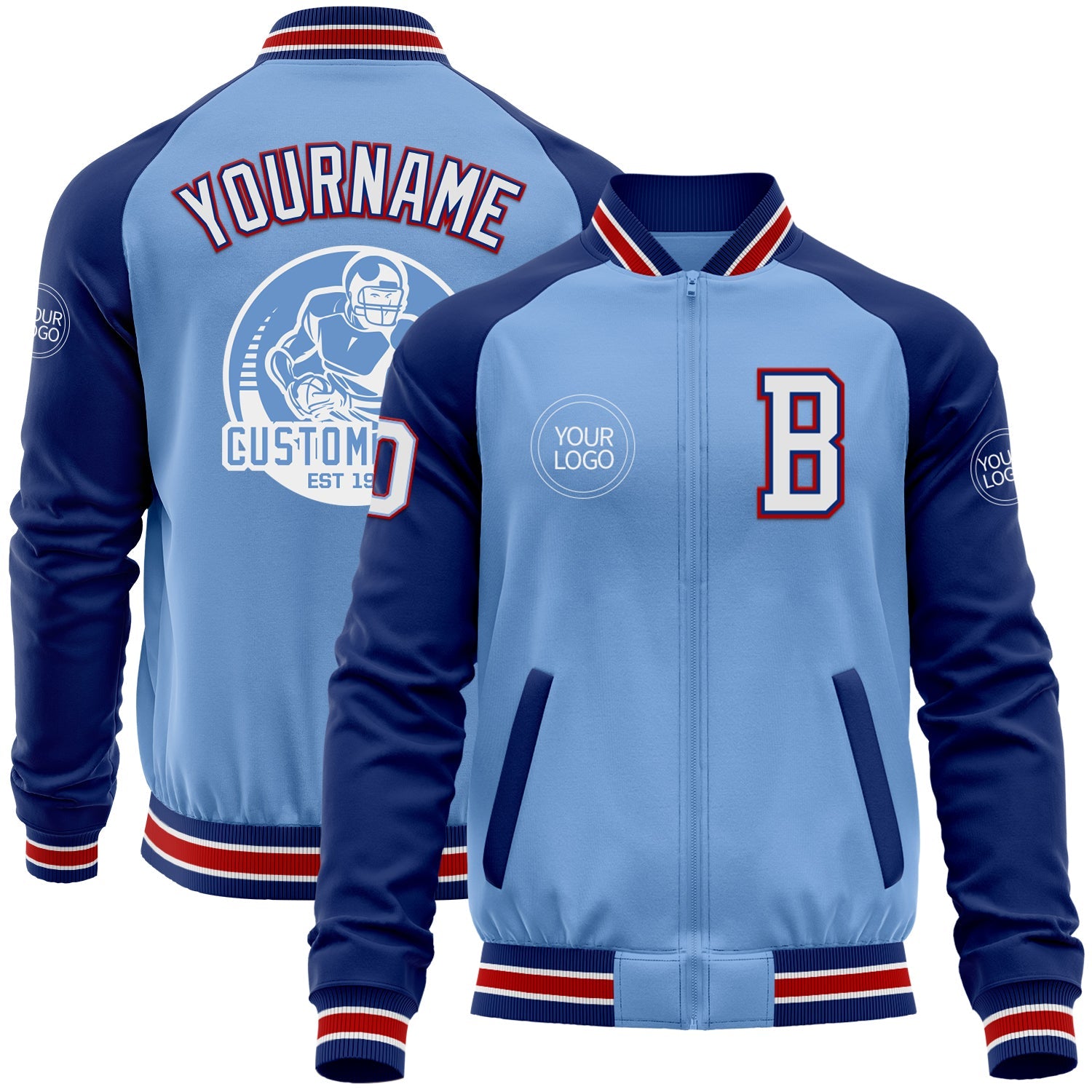 Custom Light Blue Red-Royal Bomber Varsity Letterman Two Tone Zipper Jacket - Main View