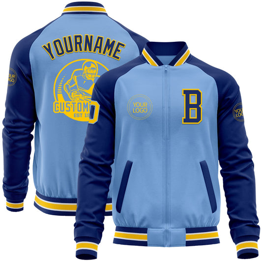 Custom Light Blue Yellow-Royal Bomber Varsity Letterman Two Tone Zipper Jacket - Main View