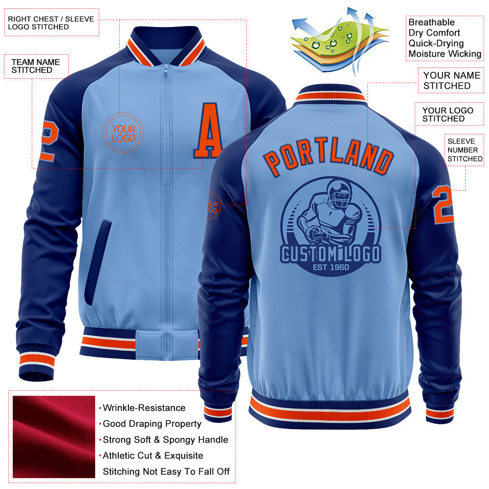 Custom Light Blue Orange-Royal Bomber Varsity Letterman Two Tone Zipper Jacket view 4