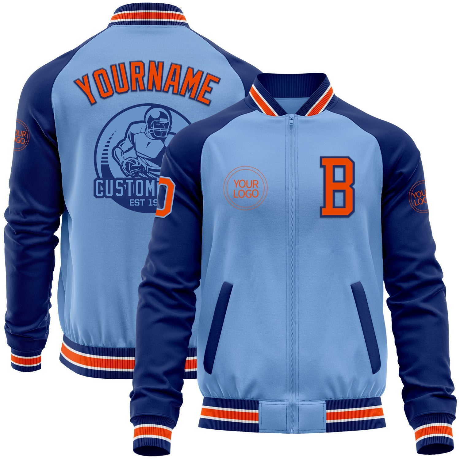 Custom Light Blue Orange-Royal Bomber Varsity Letterman Two Tone Zipper Jacket - Main View
