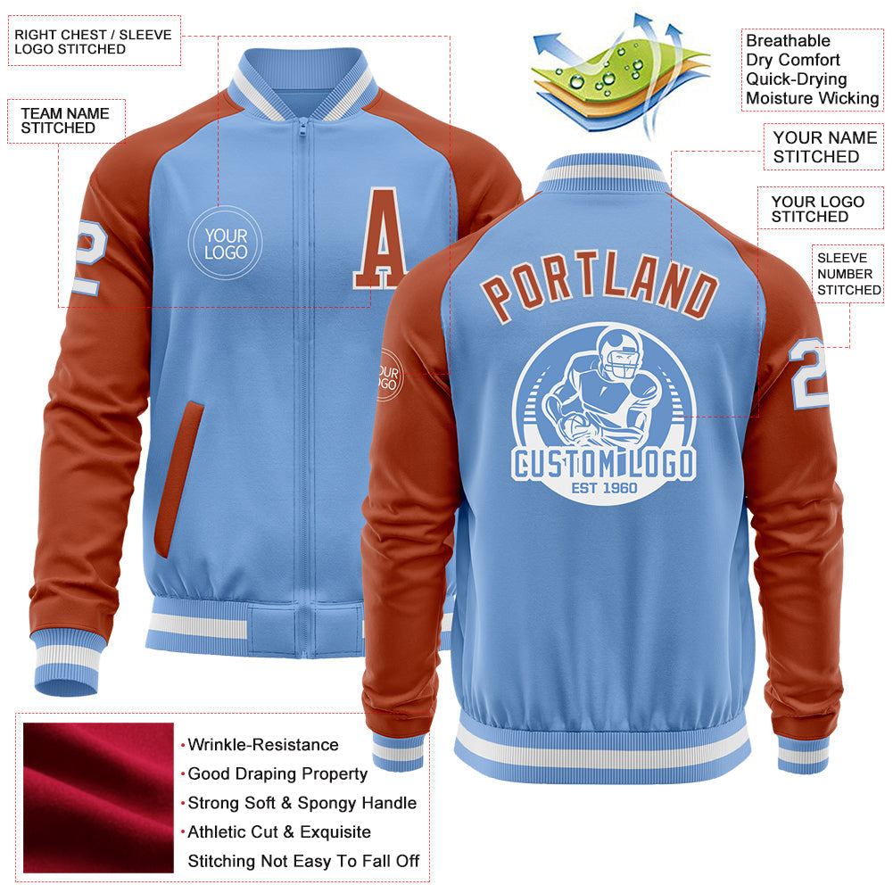 Custom Light Blue White-Texas Orange Bomber Varsity Letterman Two Tone Zipper Jacket view 4