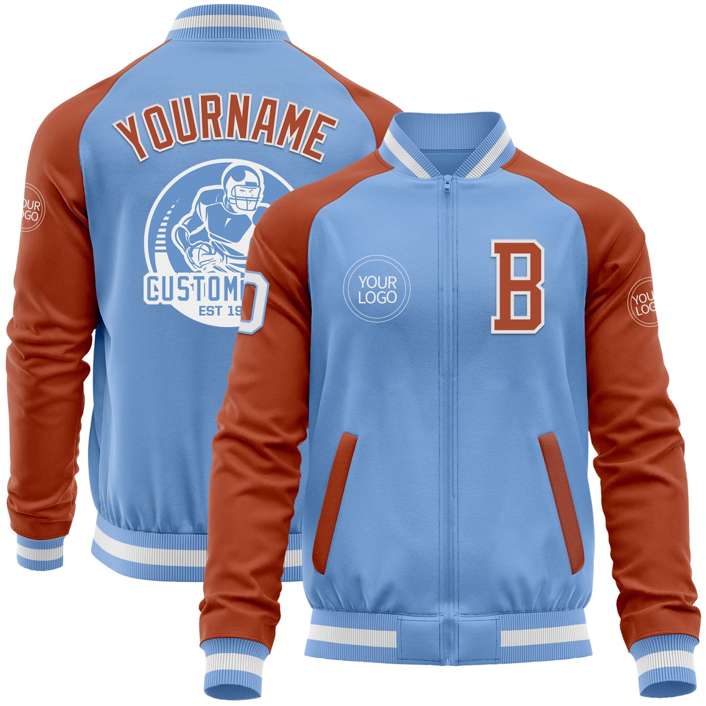 Custom Light Blue White-Texas Orange Bomber Varsity Letterman Two Tone Zipper Jacket - Main View