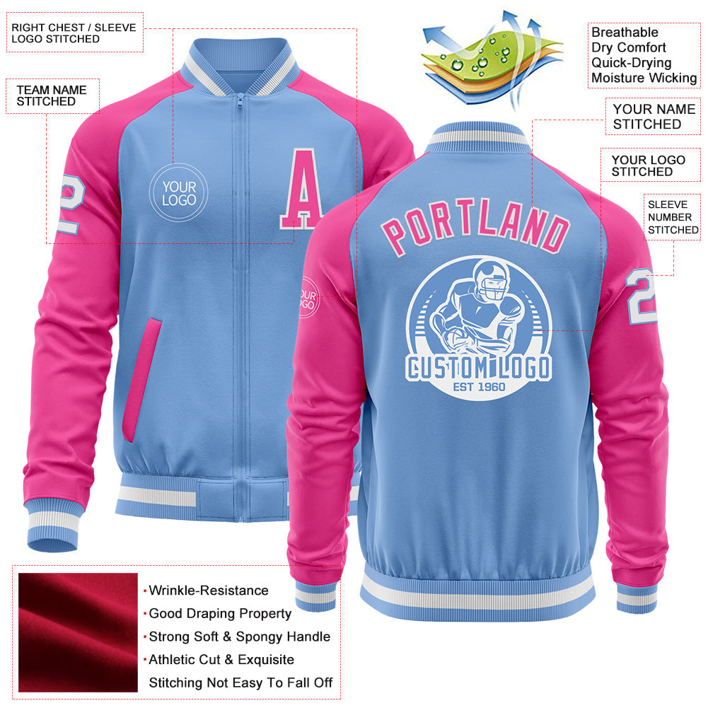 Custom Light Blue White-Pink Bomber Varsity Letterman Two Tone Zipper Jacket view 4