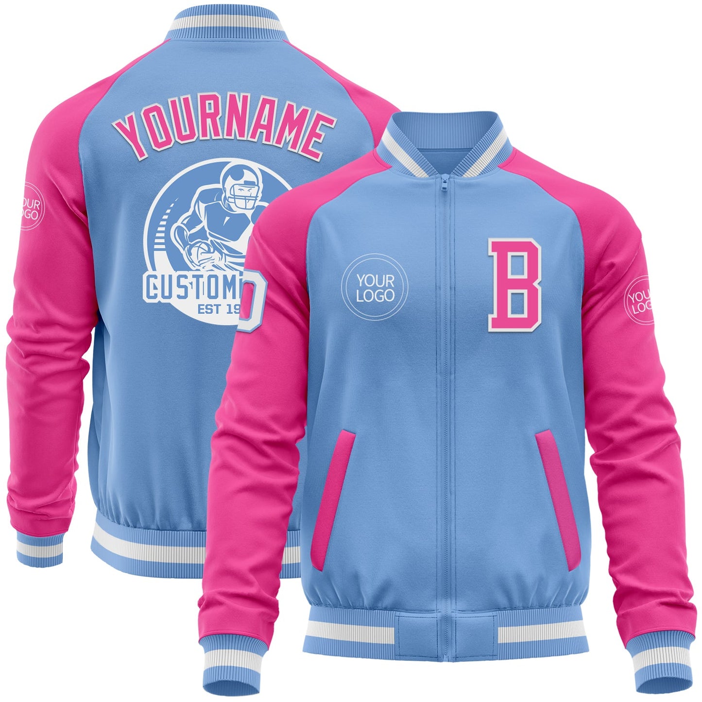 Custom Light Blue White-Pink Bomber Varsity Letterman Two Tone Zipper Jacket - Main View