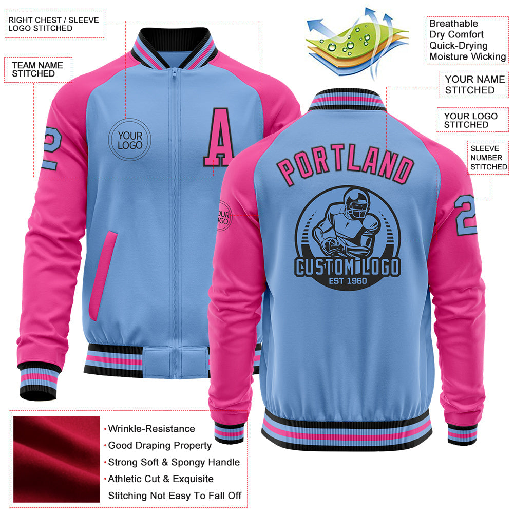 Custom Light Blue Black-Pink Bomber Varsity Letterman Two Tone Zipper Jacket view 4