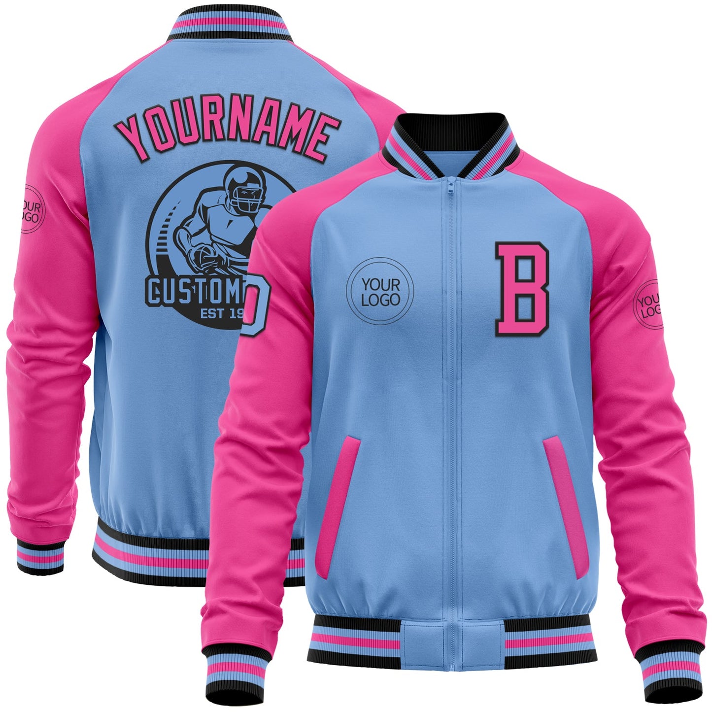 Custom Light Blue Black-Pink Bomber Varsity Letterman Two Tone Zipper Jacket - Main View