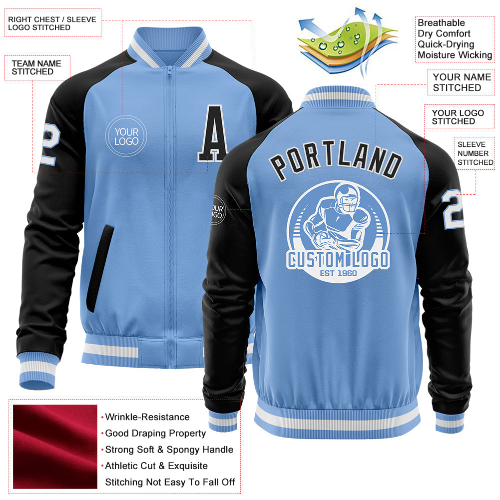 Custom Light Blue White-Black Bomber Varsity Letterman Two Tone Zipper Jacket view 4