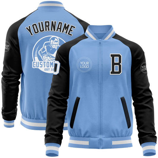 Custom Light Blue White-Black Bomber Varsity Letterman Two Tone Zipper Jacket - Main View