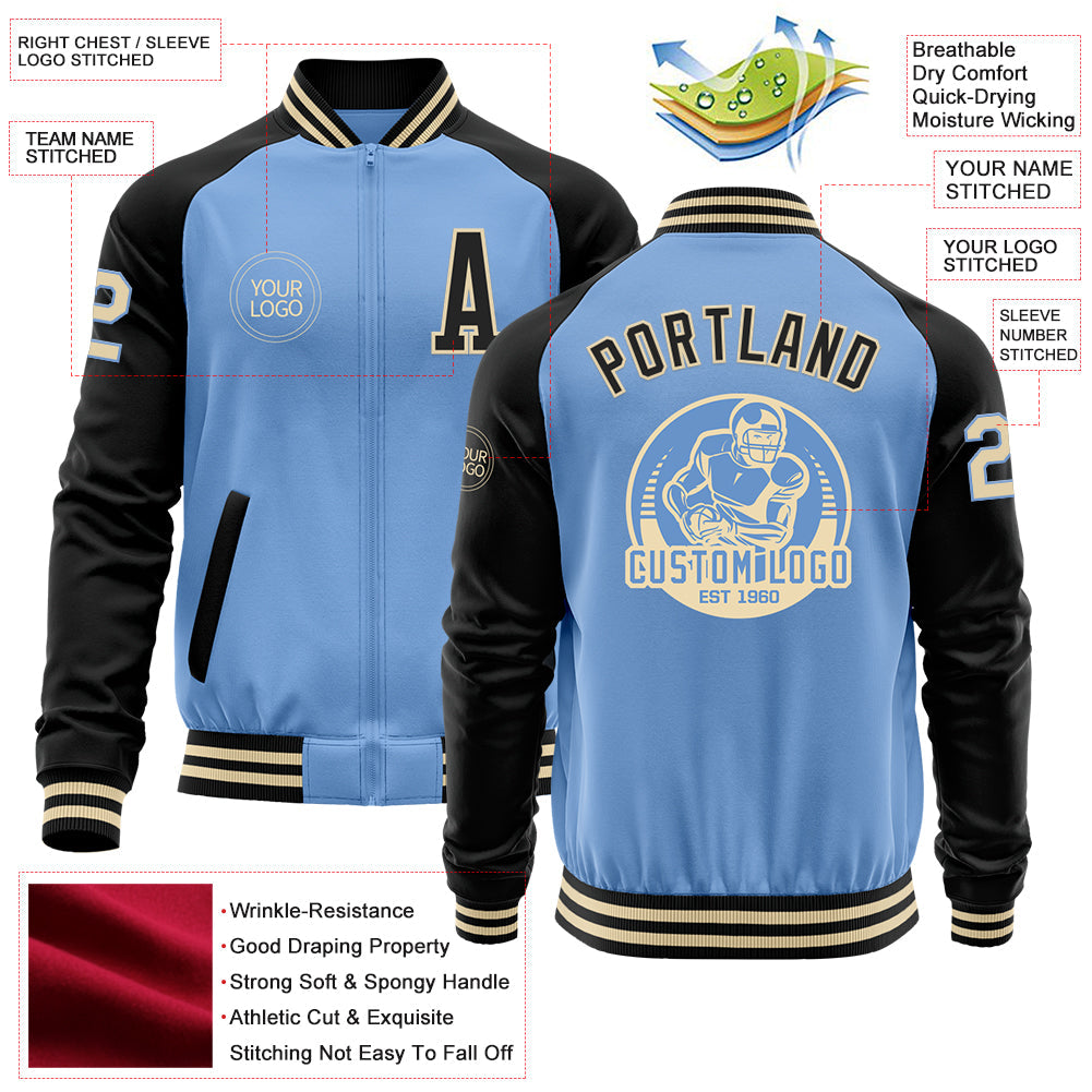 Custom Light Blue Cream-Black Bomber Varsity Letterman Two Tone Zipper Jacket view 4