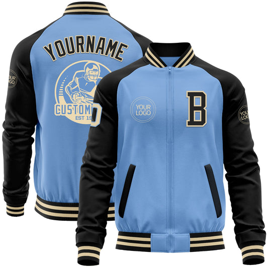 Custom Light Blue Cream-Black Bomber Varsity Letterman Two Tone Zipper Jacket - Main View
