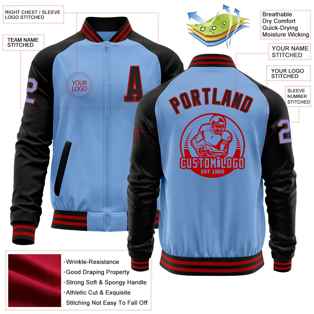 Custom Light Blue Red-Black Bomber Varsity Letterman Two Tone Zipper Jacket view 4