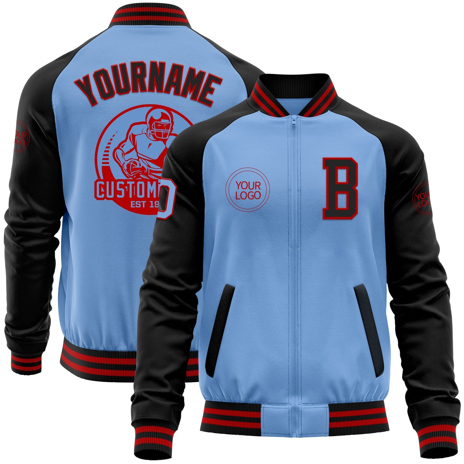 Custom Light Blue Red-Black Bomber Varsity Letterman Two Tone Zipper Jacket - Main View
