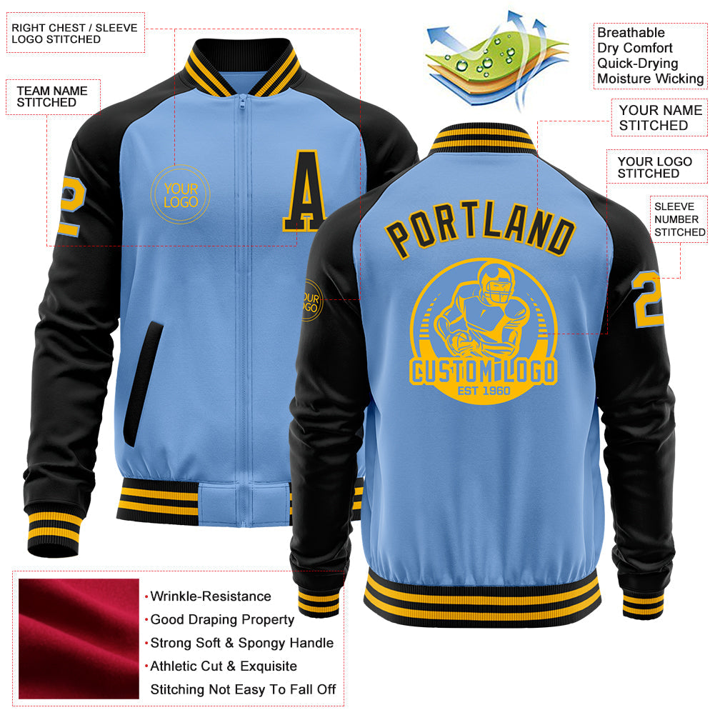 Custom Light Blue Gold-Black Bomber Varsity Letterman Two Tone Zipper Jacket view 4