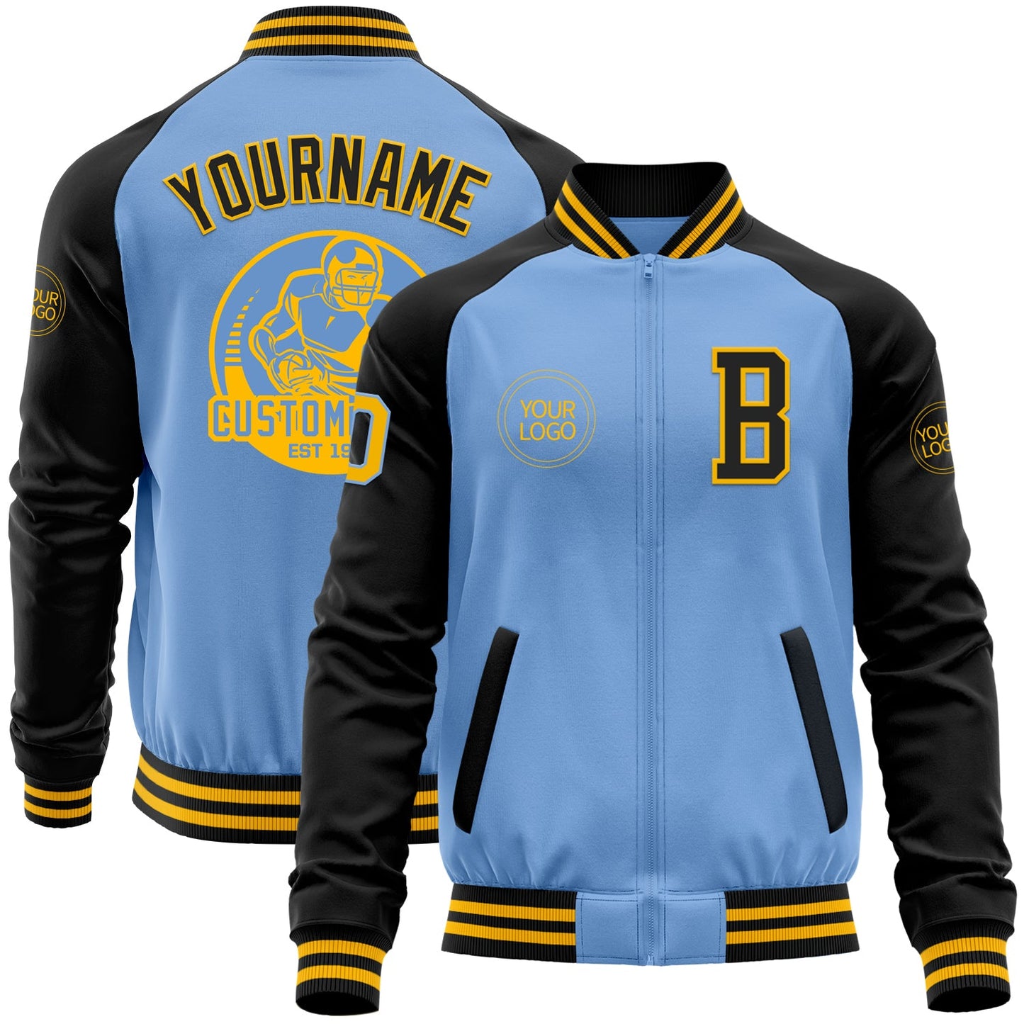 Custom Light Blue Gold-Black Bomber Varsity Letterman Two Tone Zipper Jacket - Main View