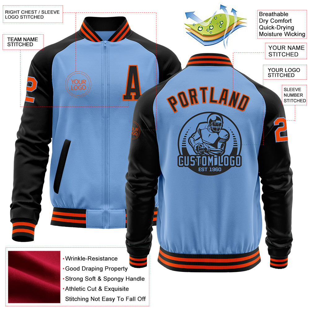 Custom Light Blue Orange-Black Bomber Varsity Letterman Two Tone Zipper Jacket view 4