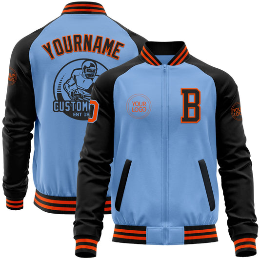 Custom Light Blue Orange-Black Bomber Varsity Letterman Two Tone Zipper Jacket - Main View