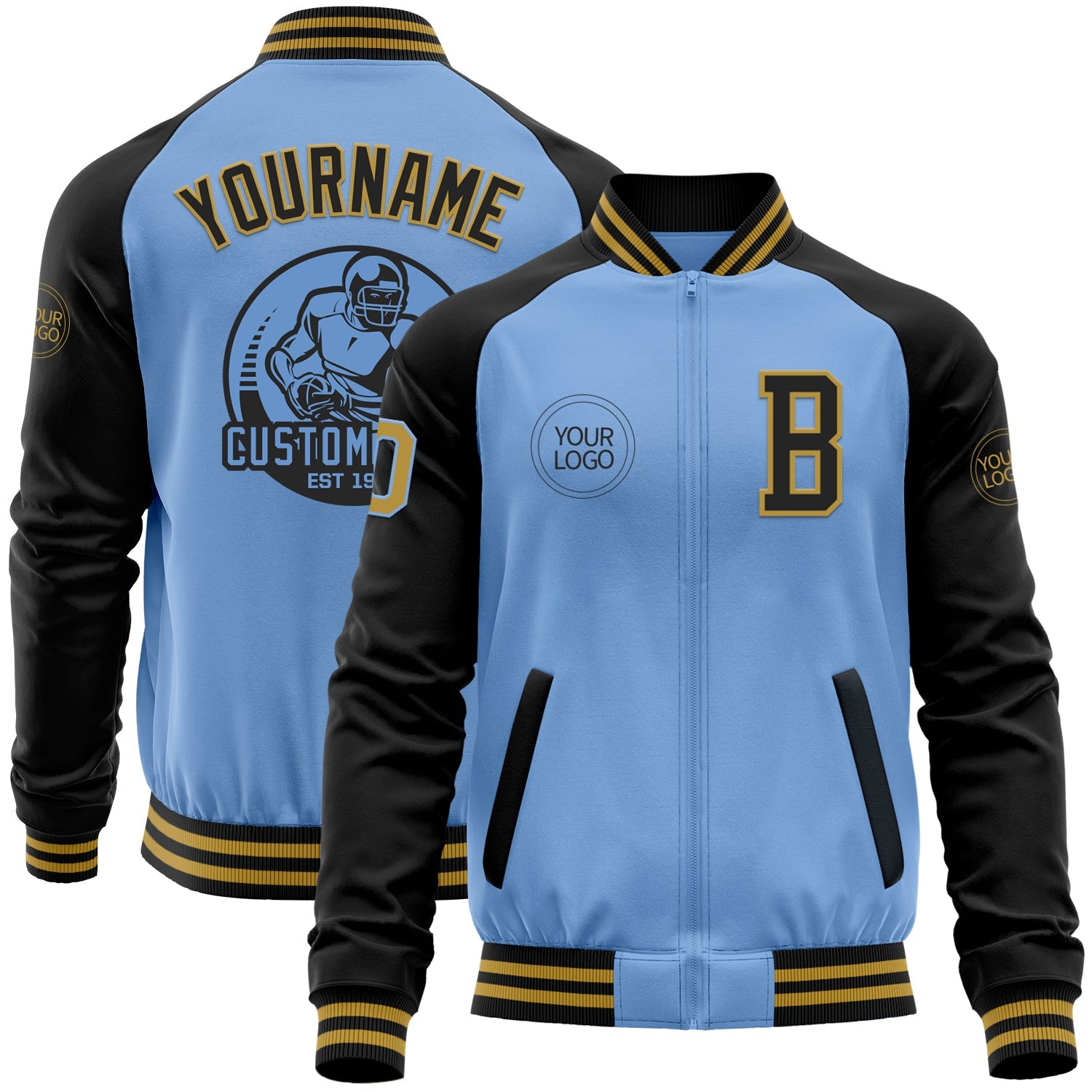 Custom Light Blue Old Gold-Black Bomber Varsity Letterman Two Tone Zipper Jacket - Main View