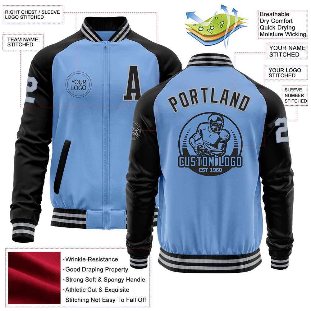 Custom Light Blue Gray-Black Bomber Varsity Letterman Two Tone Zipper Jacket view 4