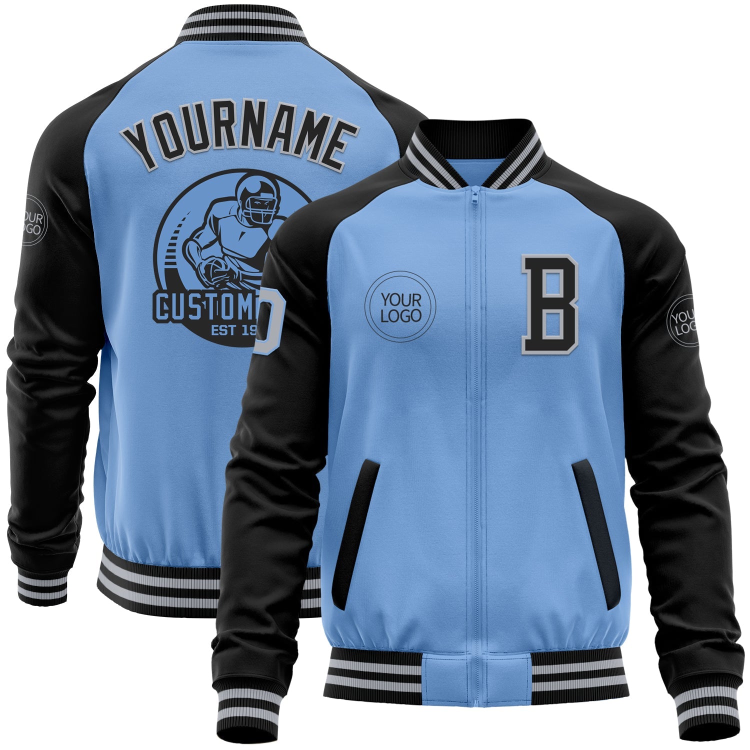 Custom Light Blue Gray-Black Bomber Varsity Letterman Two Tone Zipper Jacket - Main View