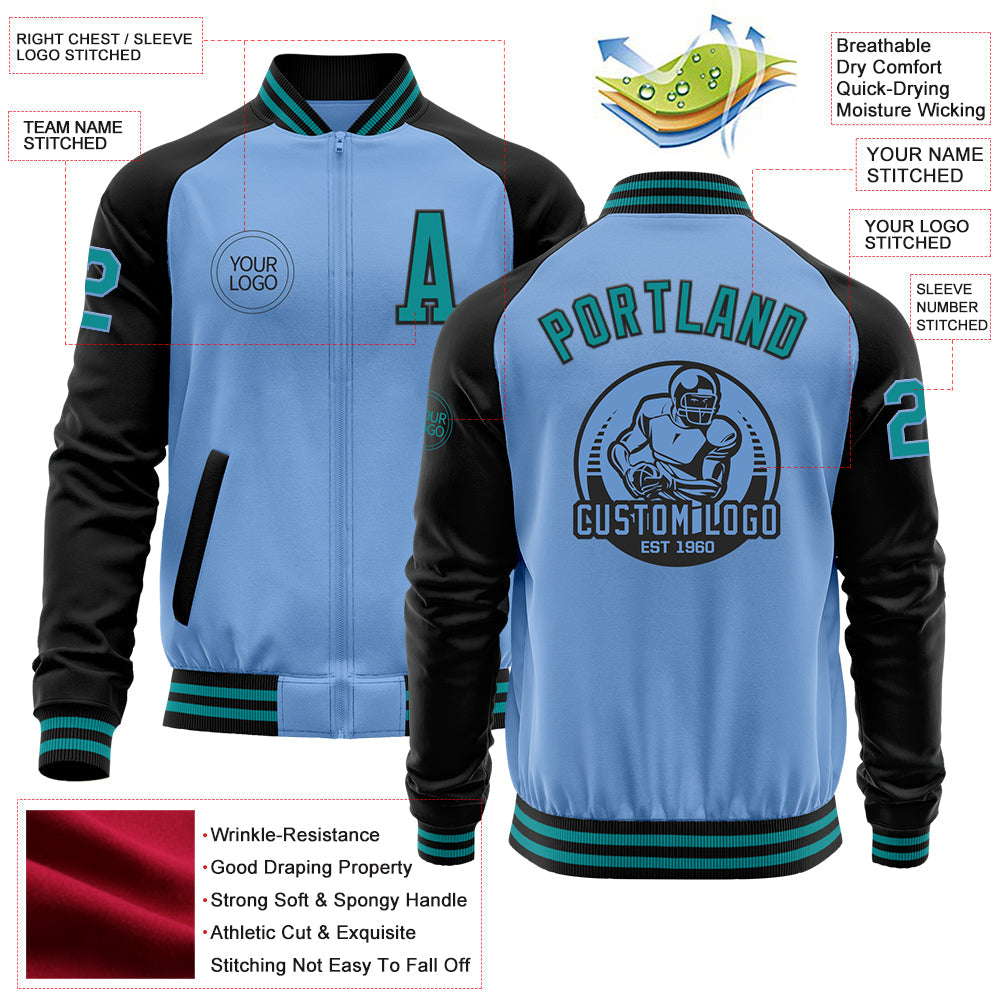 Custom Light Blue Teal-Black Bomber Varsity Letterman Two Tone Zipper Jacket view 4