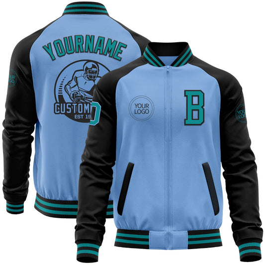 Custom Light Blue Teal-Black Bomber Varsity Letterman Two Tone Zipper Jacket - Main View
