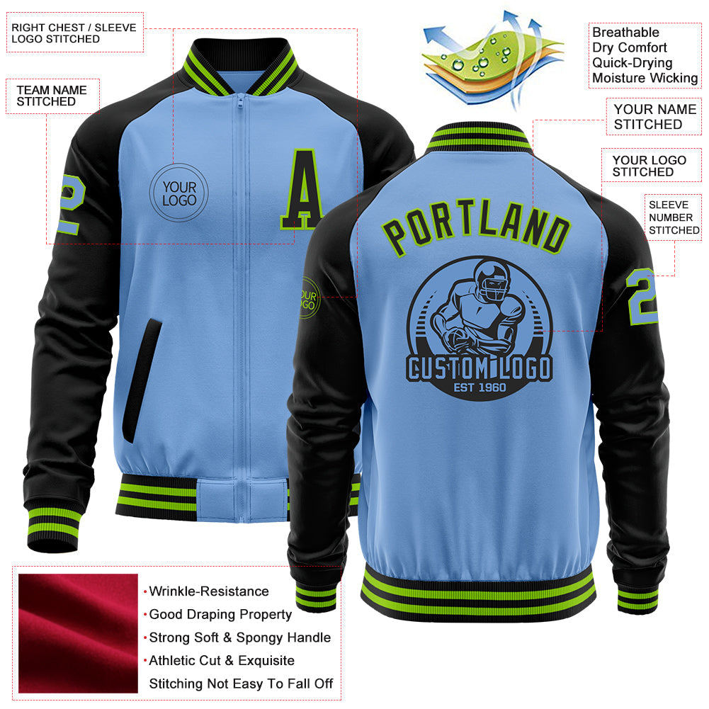 Custom Light Blue Neon Green-Black Bomber Varsity Letterman Two Tone Zipper Jacket view 4