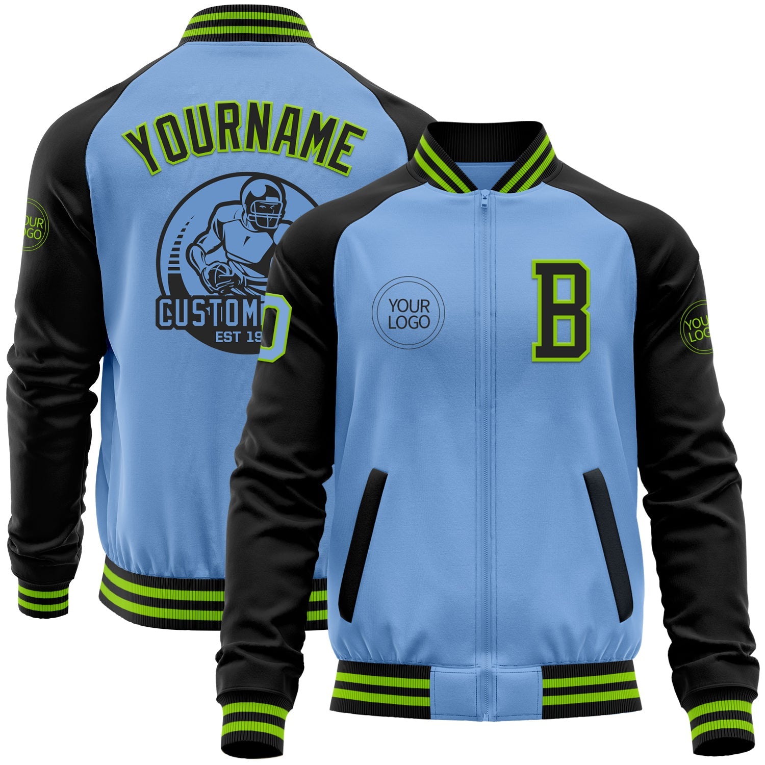 Custom Light Blue Neon Green-Black Bomber Varsity Letterman Two Tone Zipper Jacket - Main View