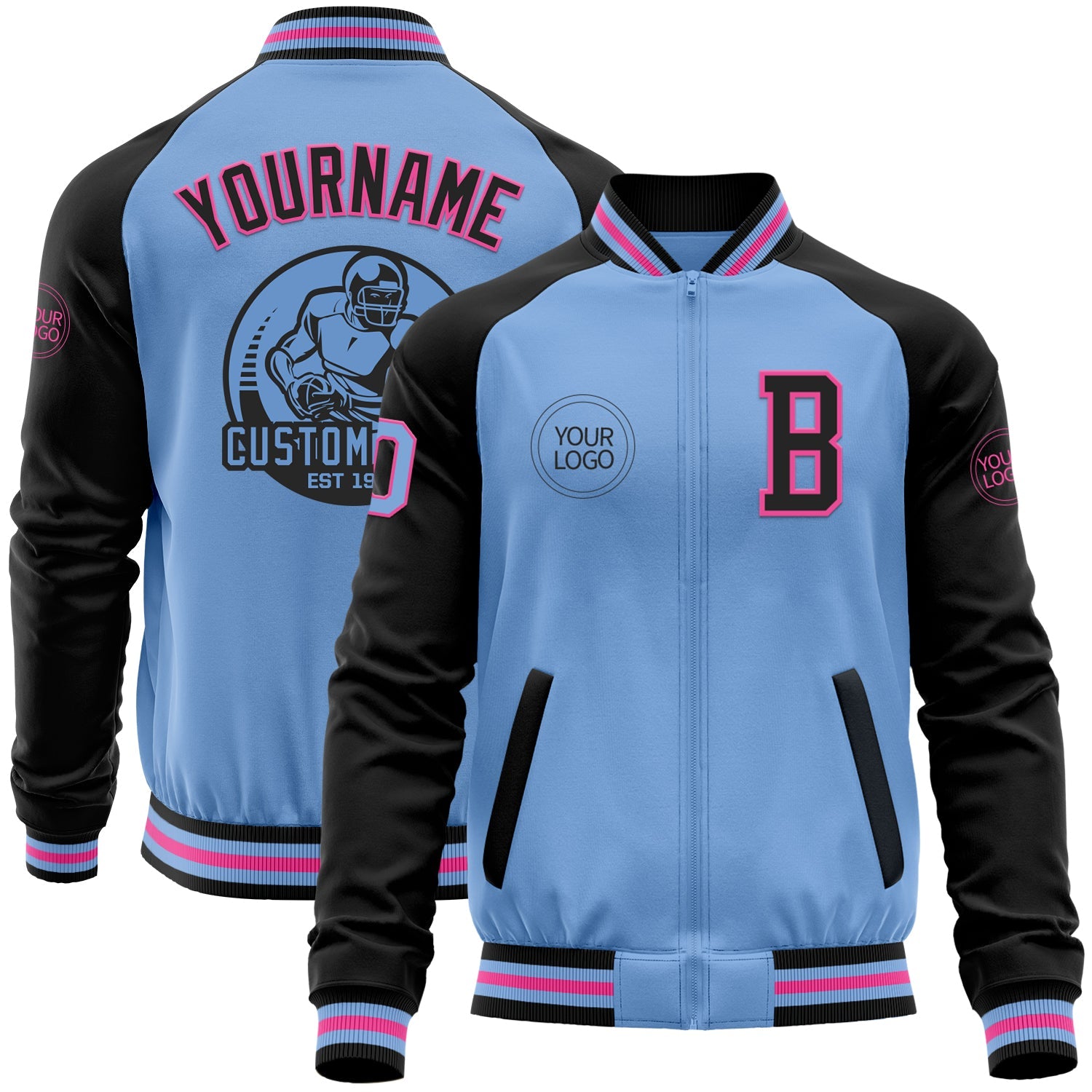 Custom Light Blue Pink-Black Bomber Varsity Letterman Two Tone Zipper Jacket - Main View