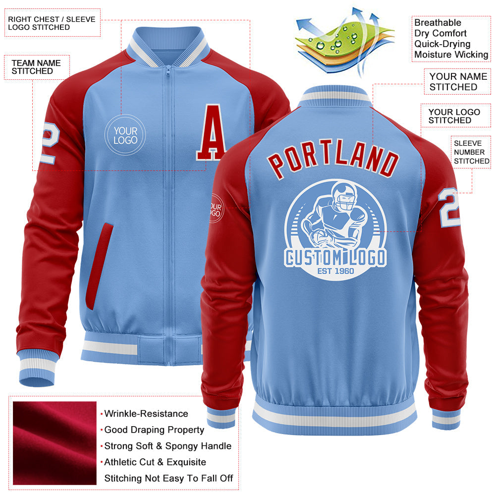 Custom Light Blue White-Red Bomber Varsity Letterman Two Tone Zipper Jacket view 4