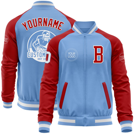 Custom Light Blue White-Red Bomber Varsity Letterman Two Tone Zipper Jacket - Main View