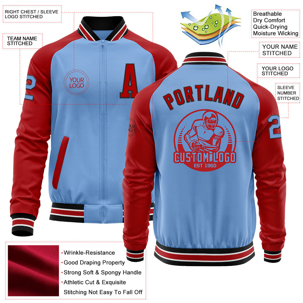 Custom Light Blue Black-Red Bomber Varsity Letterman Two Tone Zipper Jacket view 4