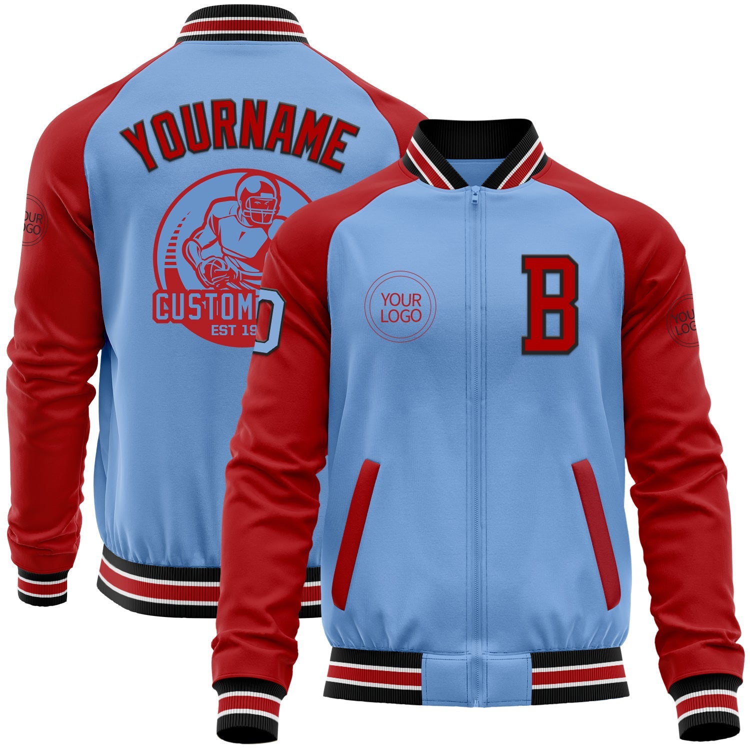 Custom Light Blue Black-Red Bomber Varsity Letterman Two Tone Zipper Jacket - Main View