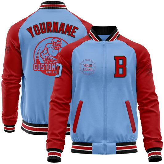 Custom Light Blue Black-Red Bomber Varsity Letterman Two Tone Zipper Jacket - Main View