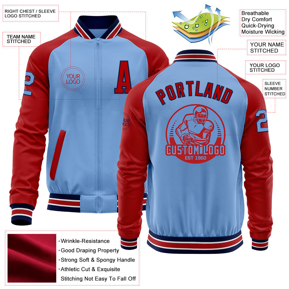 Custom Light Blue Navy-Red Bomber Varsity Letterman Two Tone Zipper Jacket view 4