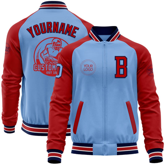 Custom Light Blue Navy-Red Bomber Varsity Letterman Two Tone Zipper Jacket - Main View