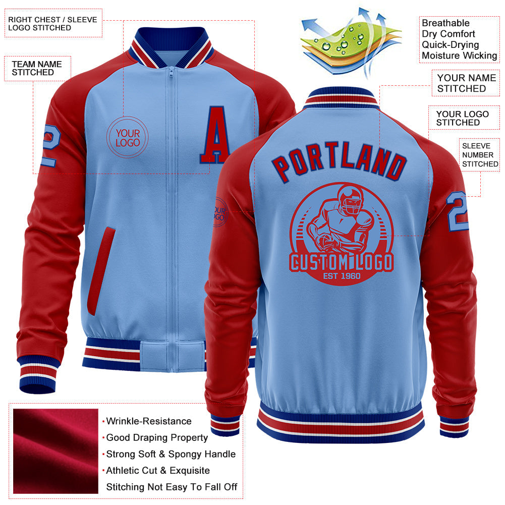 Custom Light Blue Royal-Red Bomber Varsity Letterman Two Tone Zipper Jacket view 4