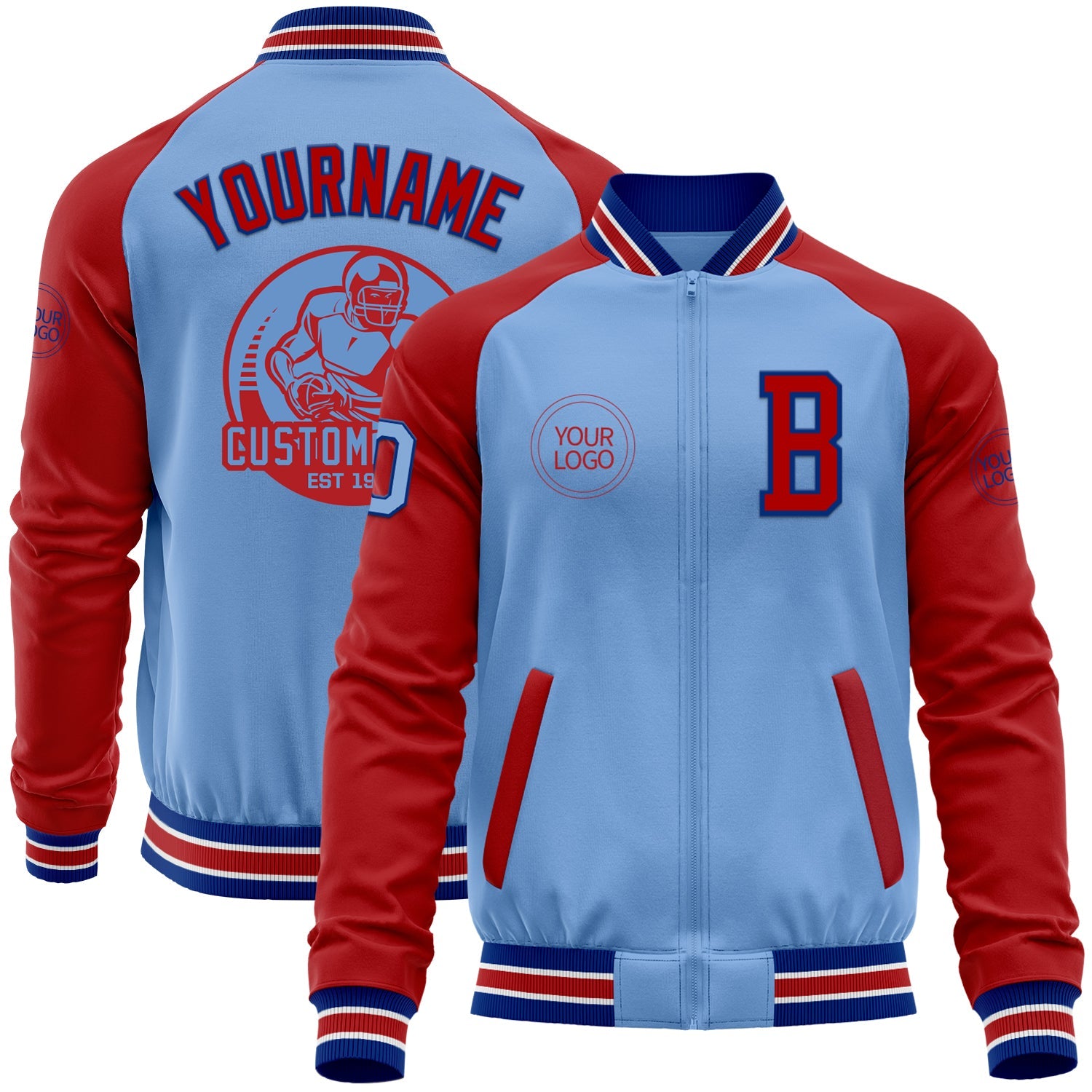Custom Light Blue Royal-Red Bomber Varsity Letterman Two Tone Zipper Jacket - Main View