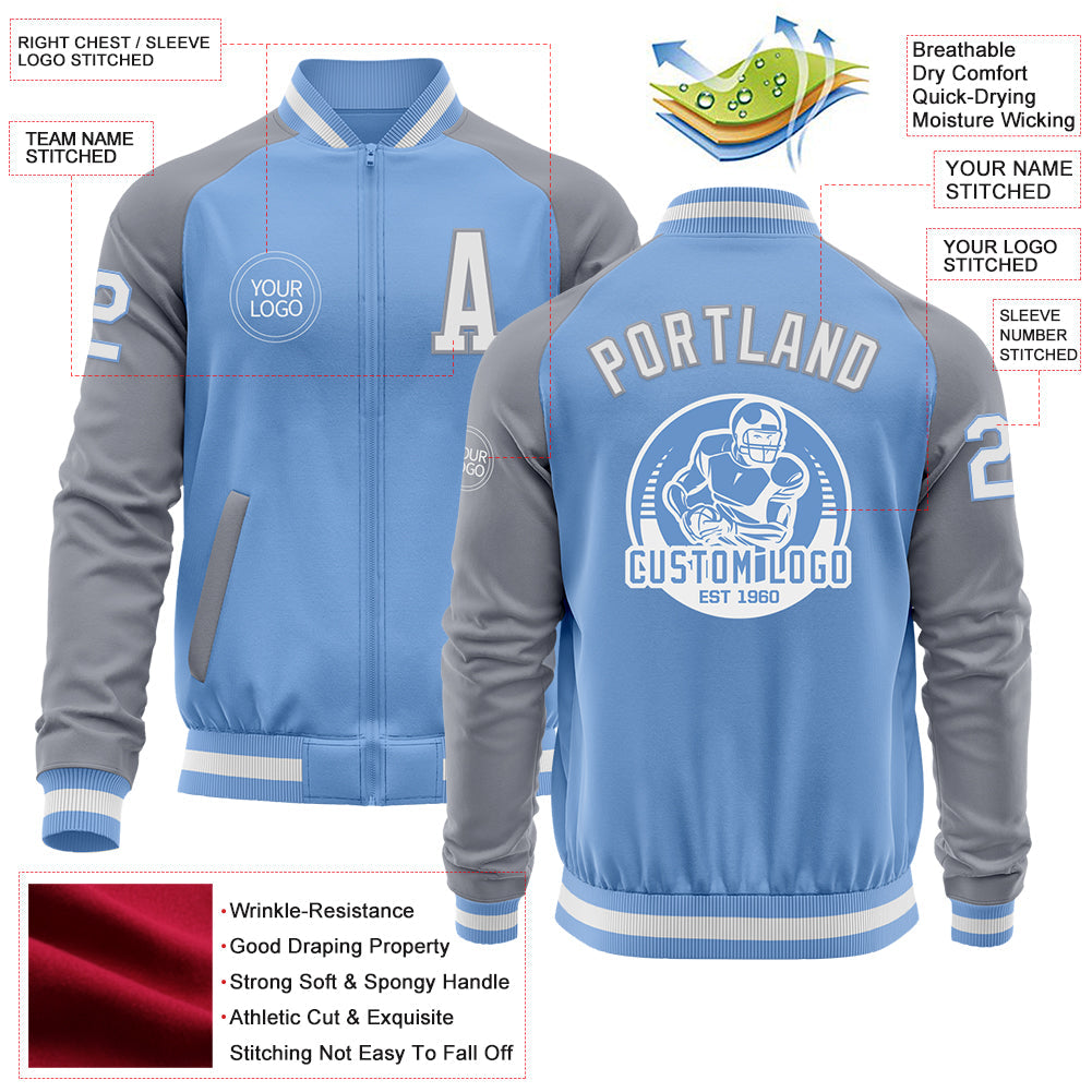 Custom Light Blue White-Gray Bomber Varsity Letterman Two Tone Zipper Jacket view 4