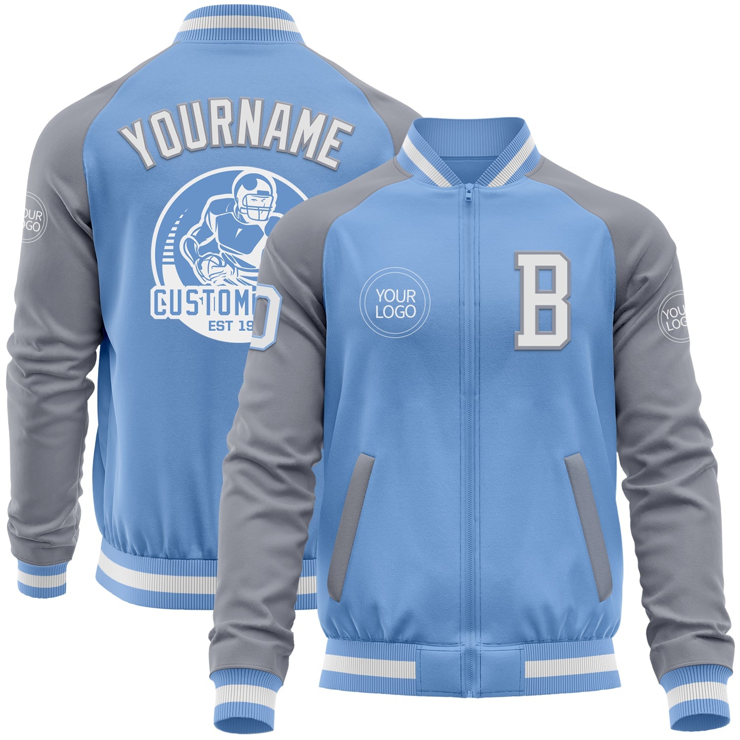 Custom Light Blue White-Gray Bomber Varsity Letterman Two Tone Zipper Jacket - Main View