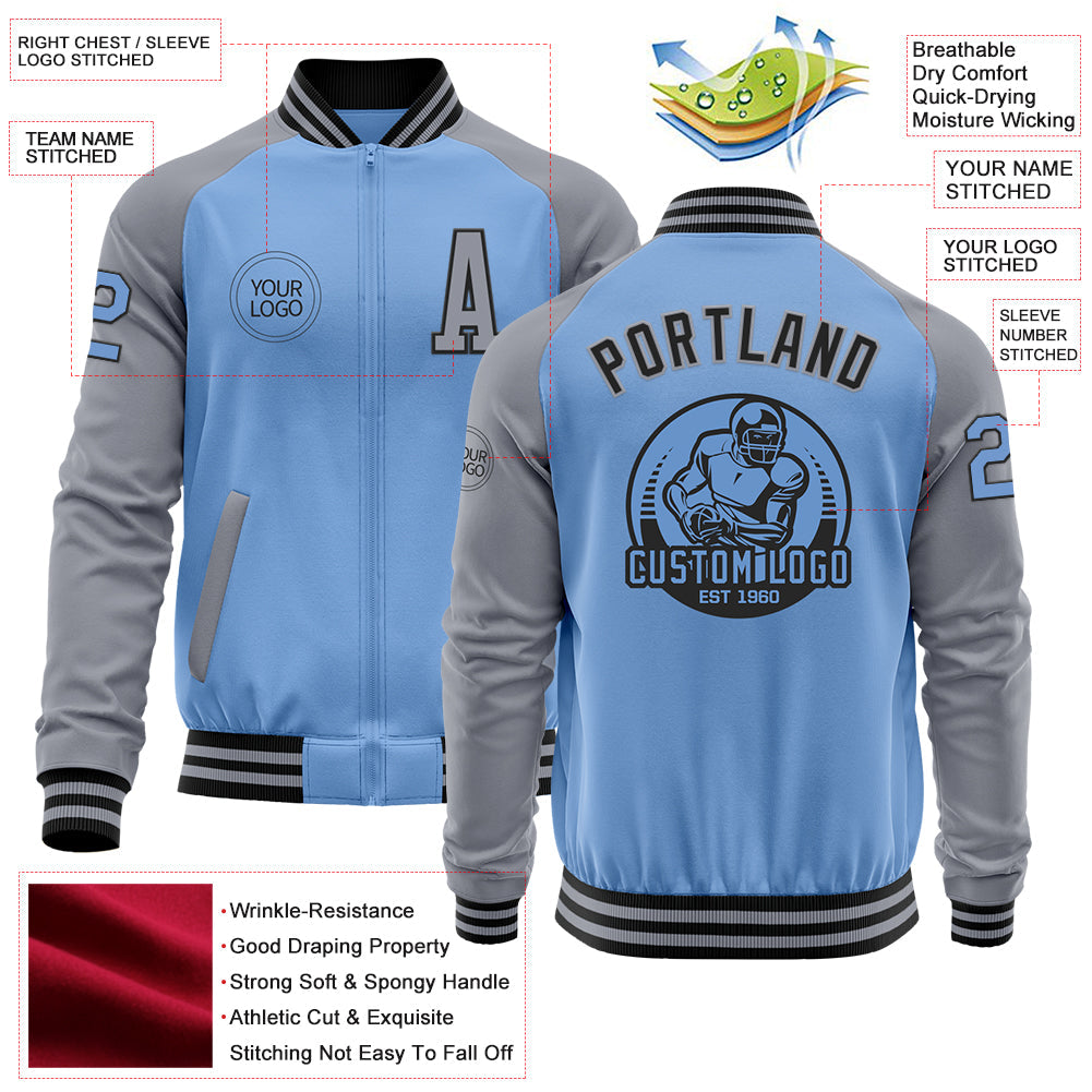 Custom Light Blue Black-Gray Bomber Varsity Letterman Two Tone Zipper Jacket view 4