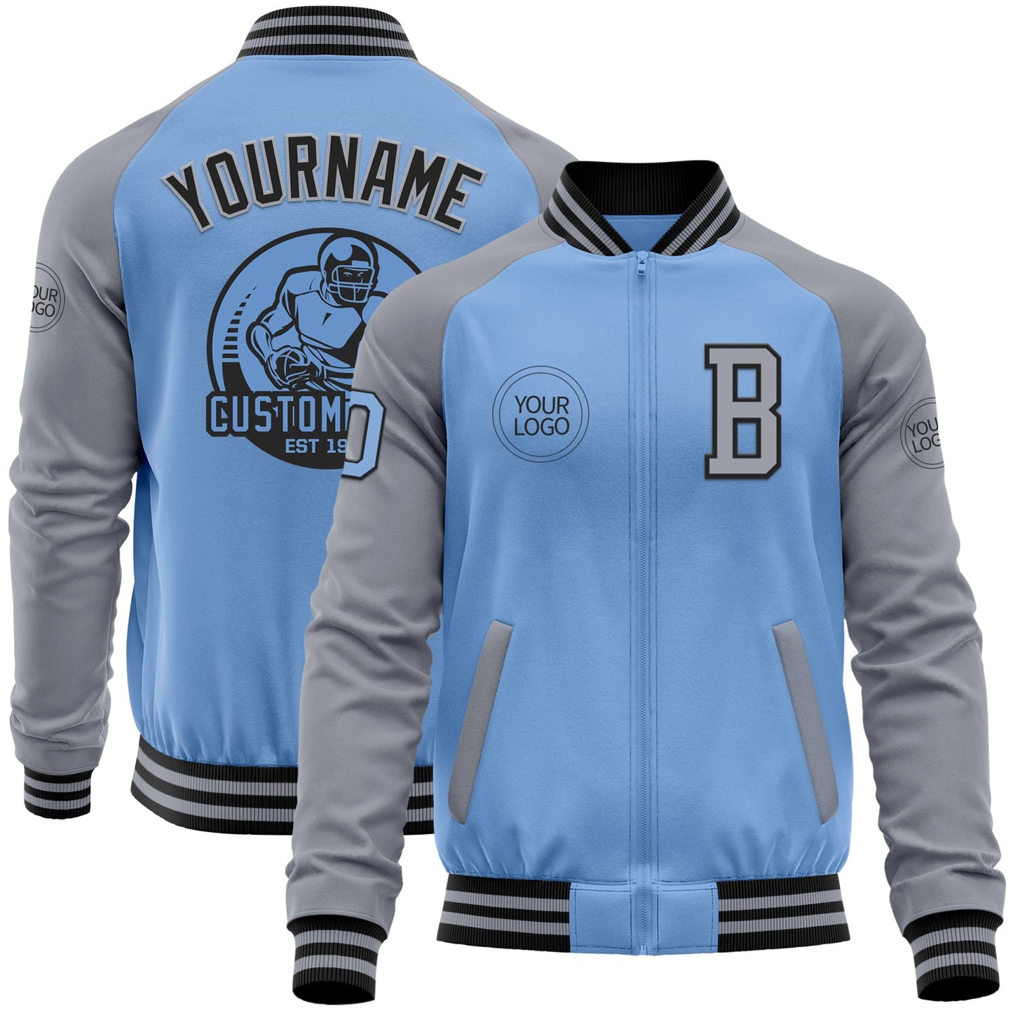 Custom Light Blue Black-Gray Bomber Varsity Letterman Two Tone Zipper Jacket - Main View