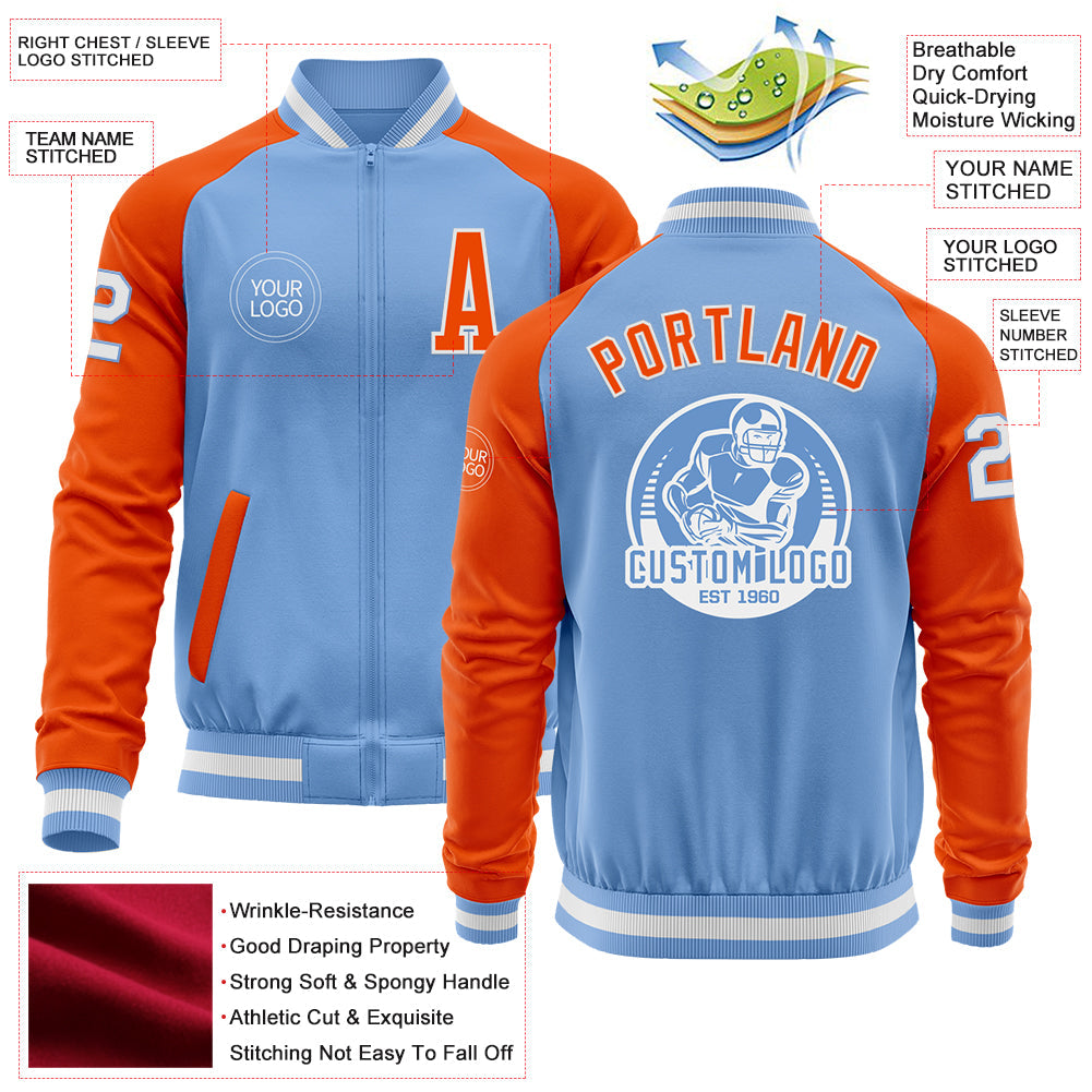 Custom Light Blue White-Orange Bomber Varsity Letterman Two Tone Zipper Jacket view 4