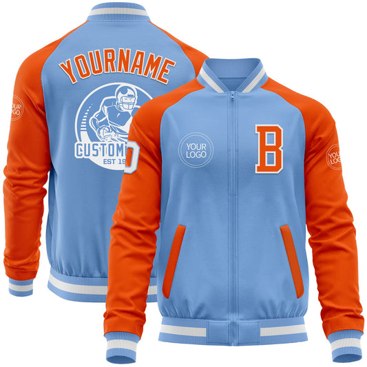 Custom Light Blue White-Orange Bomber Varsity Letterman Two Tone Zipper Jacket - Main View