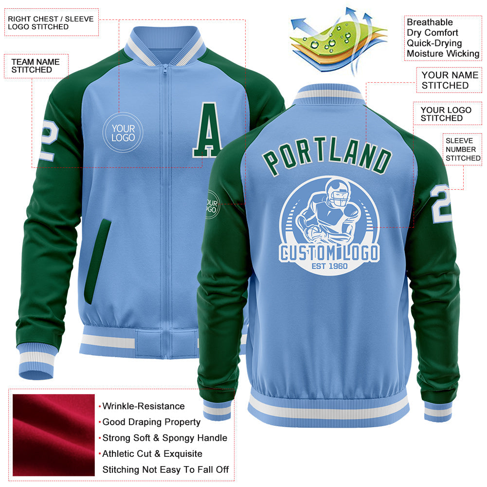 Custom Light Blue White-Kelly Green Bomber Varsity Letterman Two Tone Zipper Jacket view 4