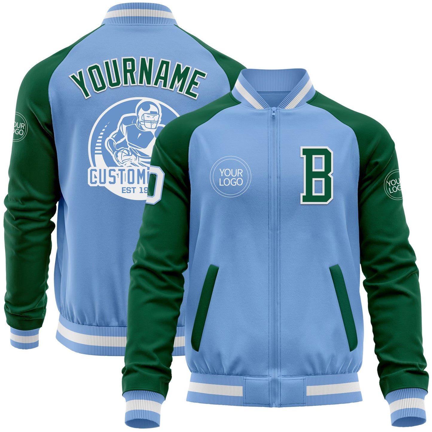 Custom Light Blue White-Kelly Green Bomber Varsity Letterman Two Tone Zipper Jacket - Main View