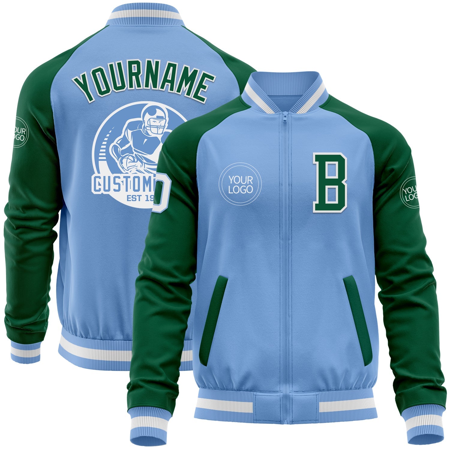 Custom Light Blue White-Kelly Green Bomber Varsity Letterman Two Tone Zipper Jacket - Main View
