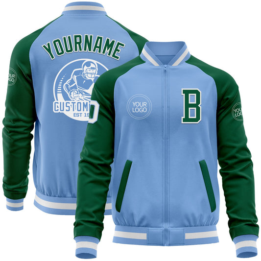 Custom Light Blue White-Kelly Green Bomber Varsity Letterman Two Tone Zipper Jacket - Main View
