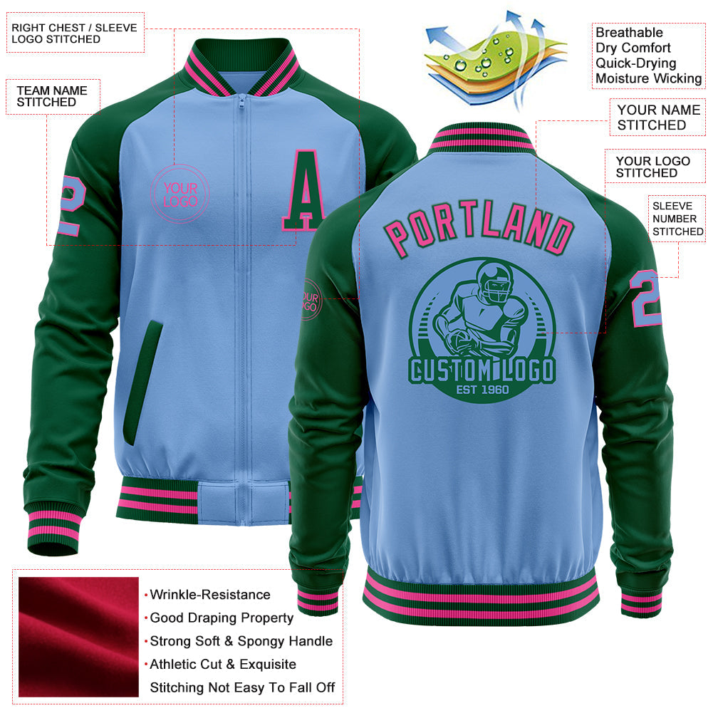 Custom Light Blue Pink-Kelly Green Bomber Varsity Letterman Two Tone Zipper Jacket view 4